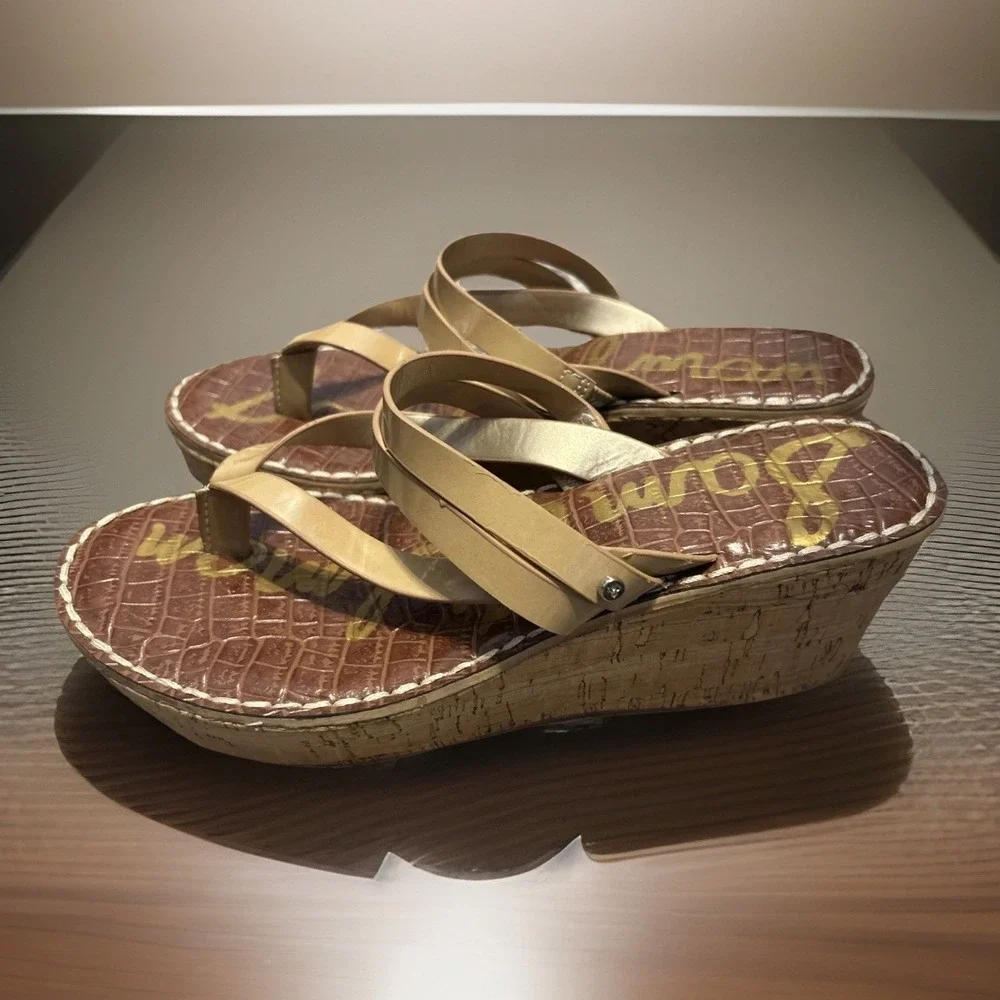 Sam Edelman Reana Wedge Sandals Size 8.5 Cork Strappy Thong Platform Heel 90 Y2K